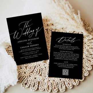 Invitation Elégant noir moderne calligraphie Mariage code QR