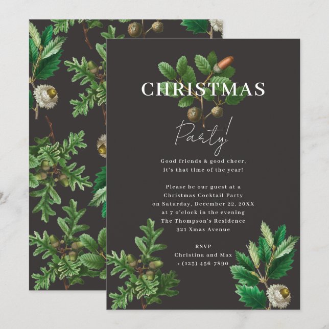 Invitation Élégant Noir Noir Noël Acorn Fête de Noël (Devant / Derrière)