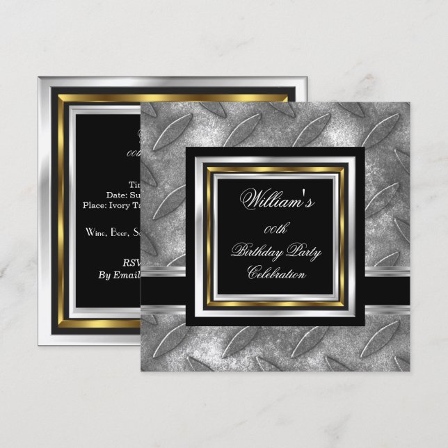 Invitation Elégant Noir Or Argent Homme métal d'anniversaire (Devant / Derrière)