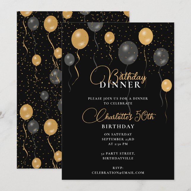 Invitation Élégant noir & or Ballons Dîner d'anniversaire (Devant / Derrière)