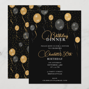 Invitation Élégant noir & or Ballons Dîner d'anniversaire