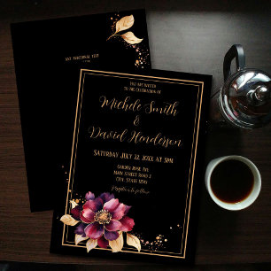 Invitation Elégant noir or bordeaux Mariage double face