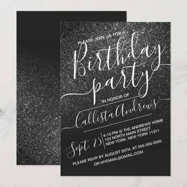 Invitation Elégant noir Parties scintillant brillant Ombre An (Devant / Derrière)