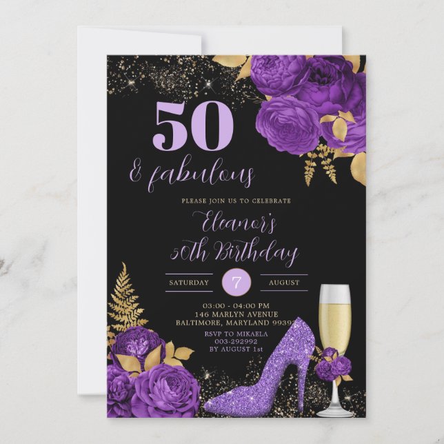 Invitation Elégant noir pourpre Stiletto talon Floral Anniver (Devant)