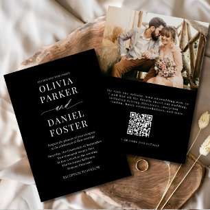 Invitation Élégant noir QR Code Mariage photo classique