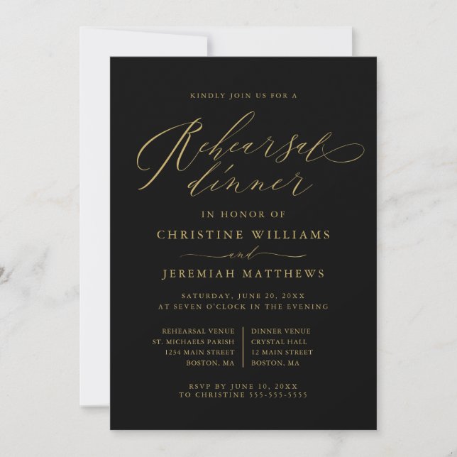 Invitation Élégant Noir Script Mariage de répétition Dîner (Devant)