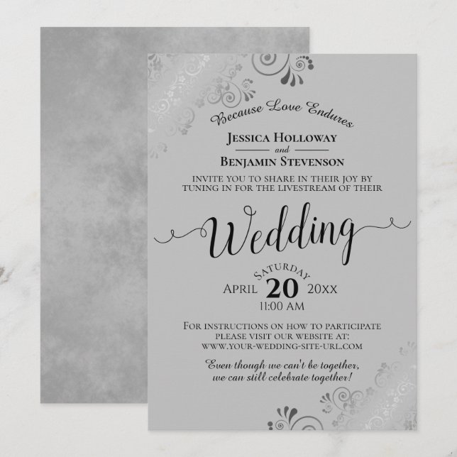 Invitation Élégant noir sur gris Mariage Livestream (Devant / Derrière)