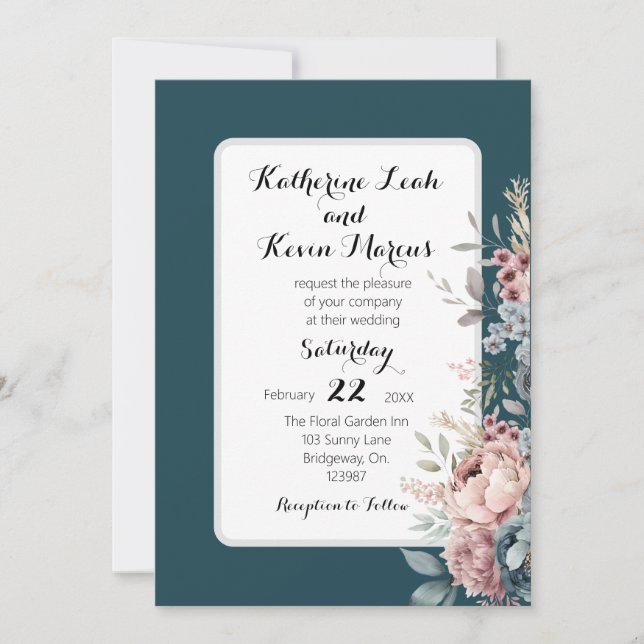 Invitation Élégant noir Turquoise Dusty Rose Floral (Devant)