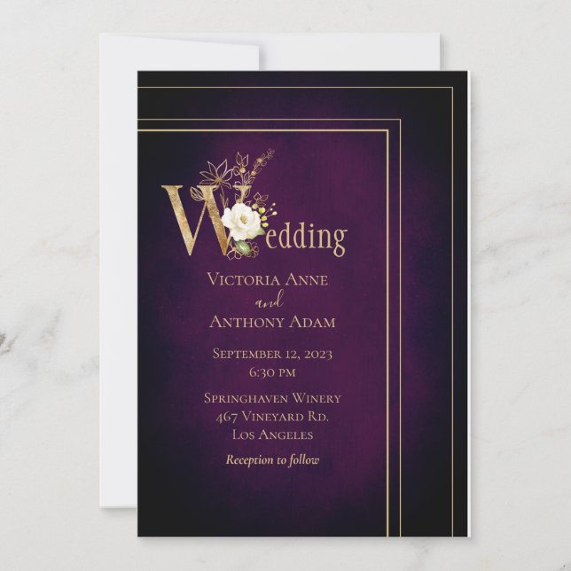 Invitation Élégant noir violet or moderne Ombre Mariage (Devant)