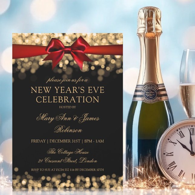 Invitation Elégant Nouvel An Eve Gold brillant Bow (Elegant New Years Eve Gold Shimmering Lights Bow Invitation)