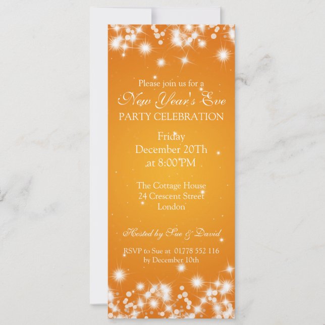 Invitation Élégant Nouvel An Réveillon Hiver Étincelle Orange (Devant)