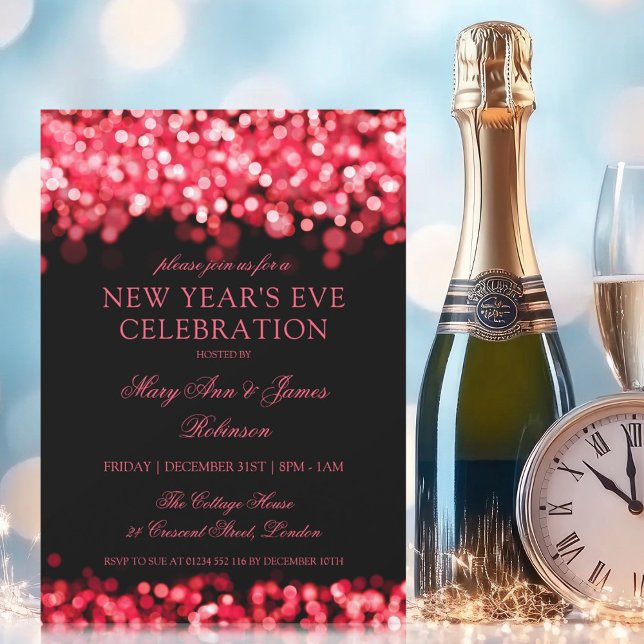 Invitation Élégant Nouvel An Rouge Lumière Chatoyante (Elegant New Years Eve Red Shimmering Lights Invitation)