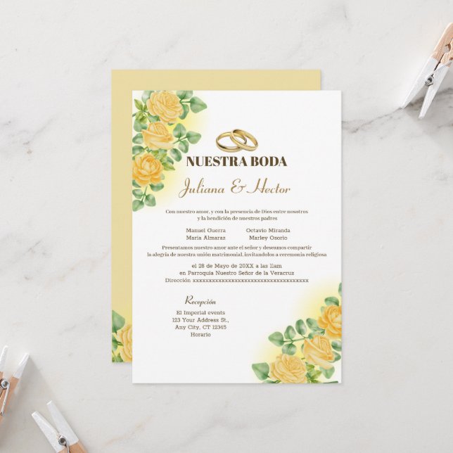 Invitation Élégant Nuestra Boda Jaune Mariage Floral (Devant/Arrière en situation)