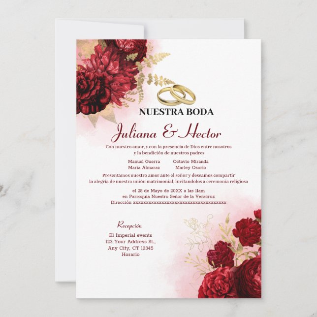 Invitation Élégant Nuestra Boda Rouge Mariage Floral (Devant)