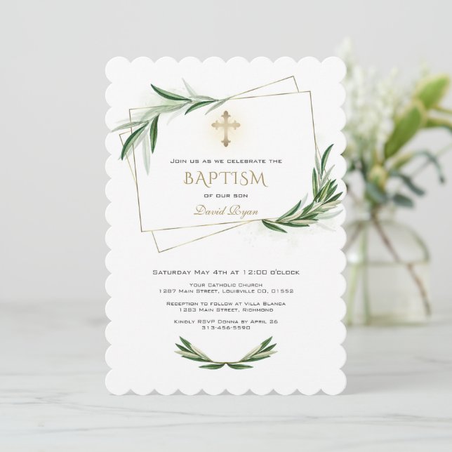 Invitation Élégant Olive Greenery Gold Cross Baptism (Debout devant)