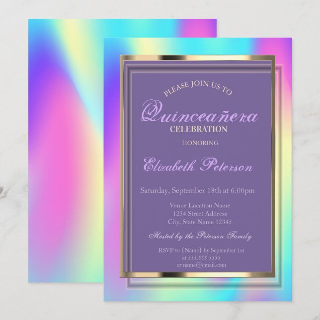 Invitation Elegant Ombre Holographique Quinceañera (Devant / Derrière)