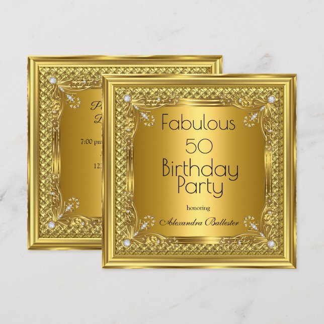 Invitation Élégant or Anniversaire de la fête Diamants d'or (Devant / Derrière)