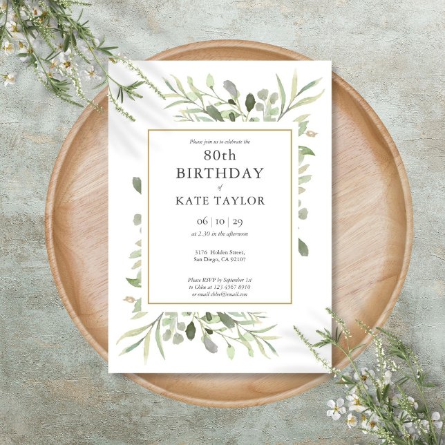 Invitation Elégant or Aquarelle Verdure 80e anniversaire (Elegant Gold Watercolour Greenery 80th Birthday Invitation)