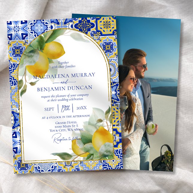 Invitation Elégant or Arc Italien Carrelage bleu citron Maria (Créateur téléchargé)