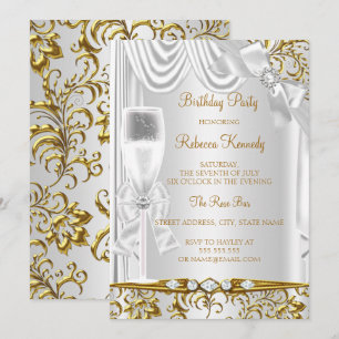 Invitation Elégant Or Argent Blanc Soie Champagne Anniversair