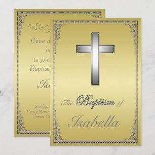 Invitation Elégant or & argent damassé argent croix Baptême