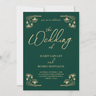 Invitation Elégant or Art Déco sur vert All In One mariage