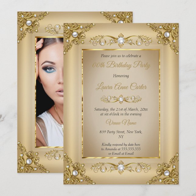 Invitation Elégant or Beige Pearl Photo Anniversaire (Devant / Derrière)