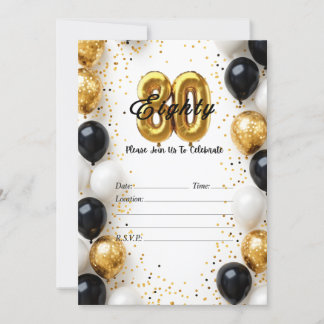 Invitation Elégant or & Black Balloon 80e anniversaire Invita