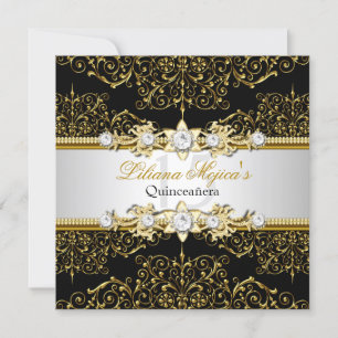 Invitation Elégant or & Black Swirl Damask Quinceanera