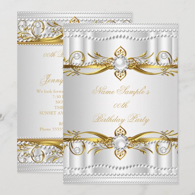 Invitation Elégant or blanc argent perle soie Anniversaire 3 (Devant / Derrière)