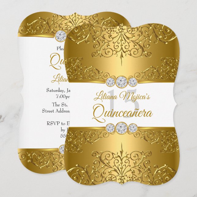 Invitation Élégant or blanc diamant glamour Quinceanera (Devant / Derrière)