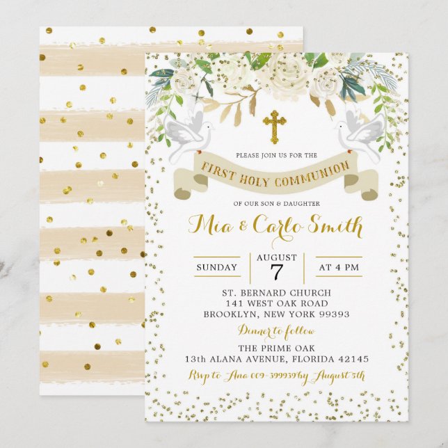 Invitation Élégant Or Blanc Floral Première Sainte Communion (Devant / Derrière)