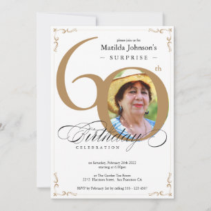 Invitation Elégant or blanc photo Surprise 60e anniversaire