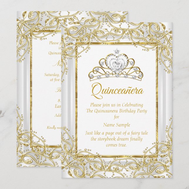 Invitation Elégant or blanc Tiara Princesse Quinceanera (Devant / Derrière)