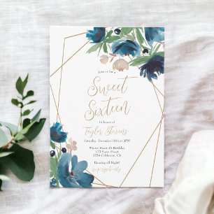 Invitation Elégant or bleu poussiéreux Floral Aquarelle Sweet