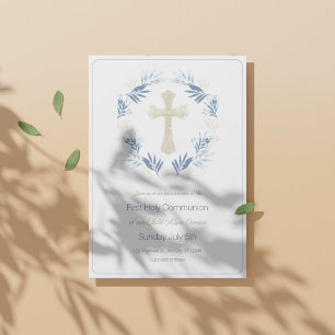Invitation Élégant Or Bleu Première Communion Sainte