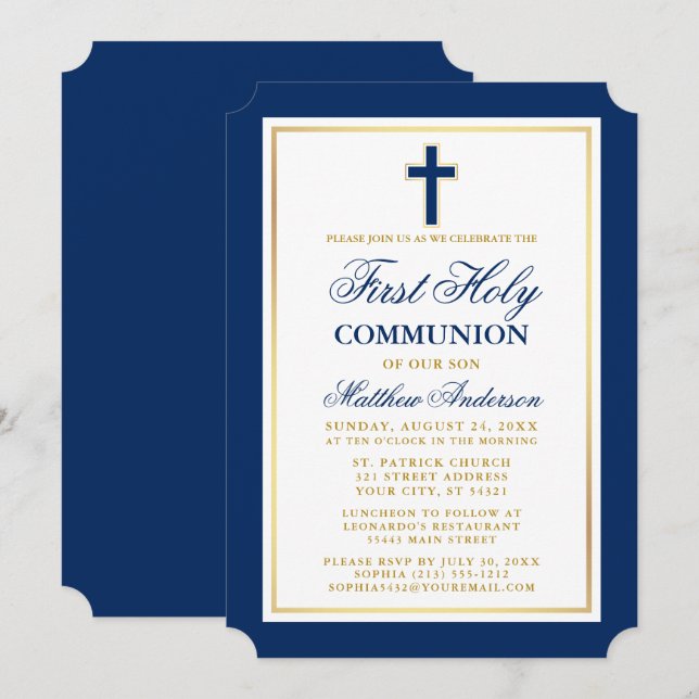 Invitation Élégant Or Bleu Première Communion Sainte (Devant / Derrière)