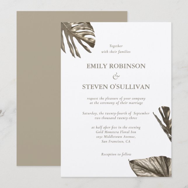 Invitation Elégant or Botanique Monstera Feuille Mariage (Devant / Derrière)