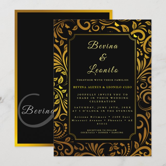 Invitation Élégant or Botanique Scripts sans couture M | Mari (Devant / Derrière)