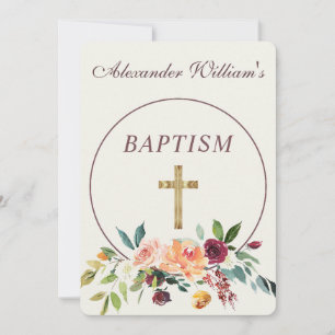 Invitation Elégant or Bourgogne Floral Baby Christening