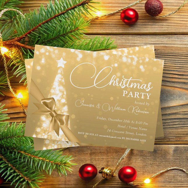 Invitation Élégant or chatoyant Noël Arbre vacances (Elegant Gold Shimmering Xmas Tree Holiday Invitation)