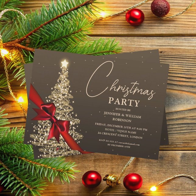 Invitation Élégant or chatoyant Noël Arbre vacances (Elegant Gold Shimmering Xmas Tree Holiday Invitation)