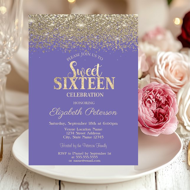 Invitation Elégant or Confetti Diamants Lavander Sweet 16 (Créateur téléchargé)