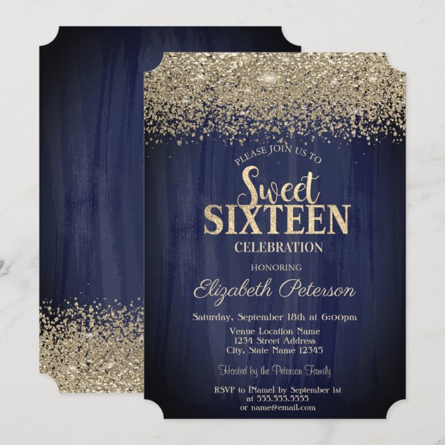 Invitation Elégant or Confetti Diamants Marine Blue Sweet 16 (Devant / Derrière)