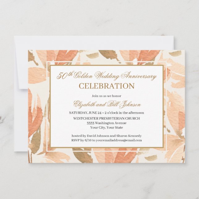 Invitation Élégant Or Crème Pêche 50e Anniversaire de Mariage (Devant)