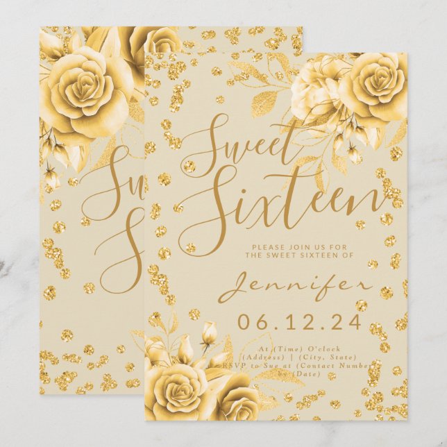 Invitation Élégant or doux 16 Parties scintillant Confetti Fl (Devant / Derrière)