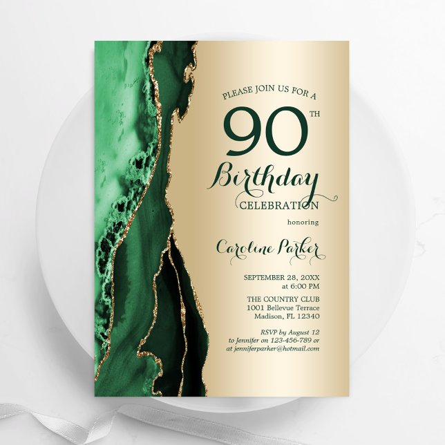 Invitation Elégant Or Emerald Green Agate 90e anniversaire (Créateur téléchargé)