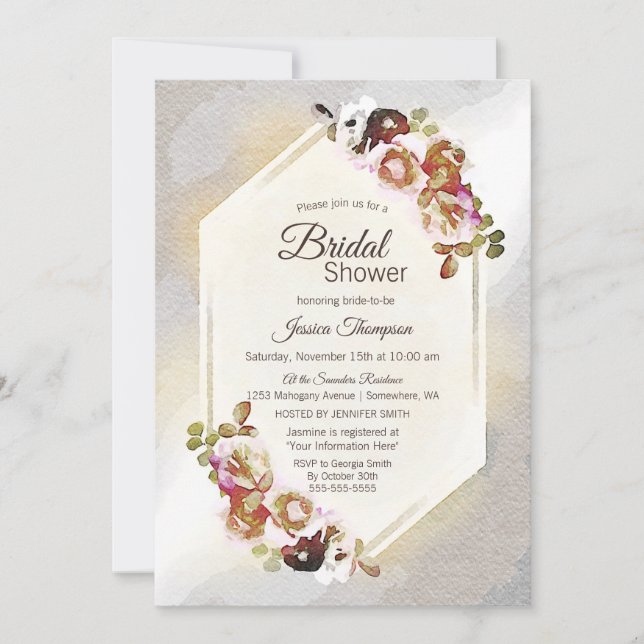 Invitation Elégant or et argent Aquarelle Floral (Devant)