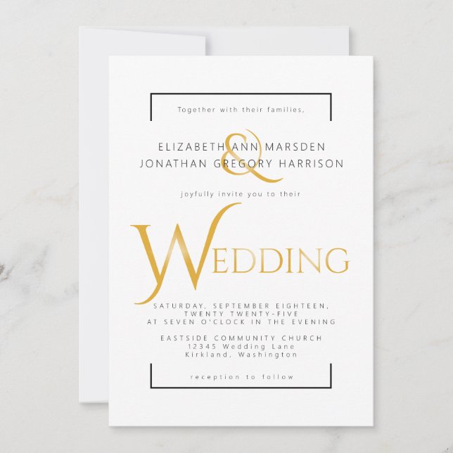 Invitation Élégant Or et écriture noire Mariage religieux (Devant)