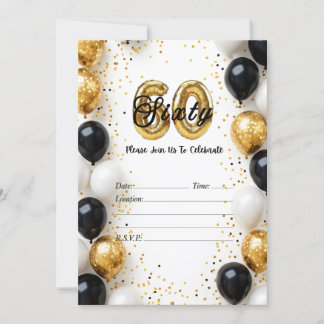 Invitation Elégant or et noir ballon 60e anniversaire Invitat